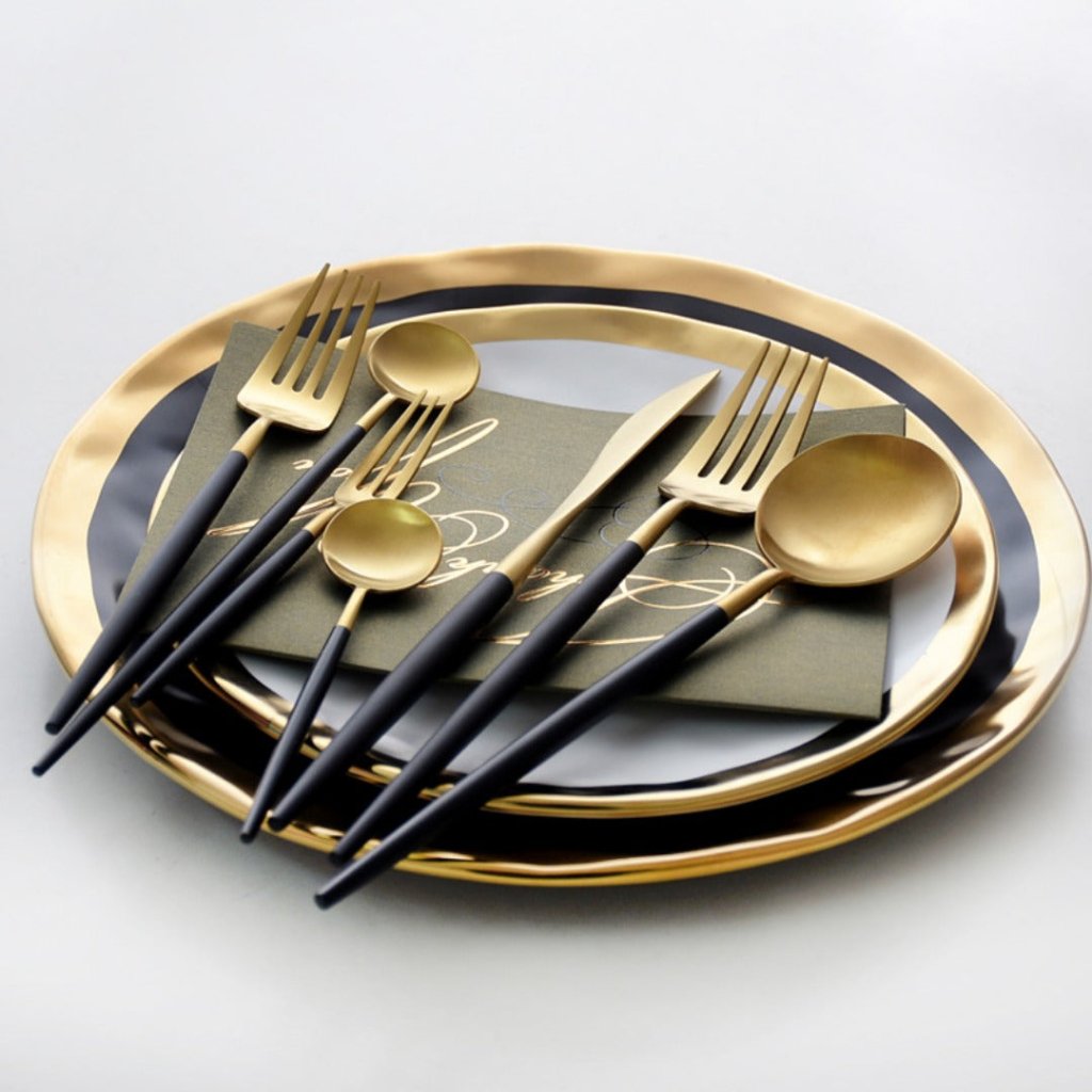 Minimalist Matte Black Gold Flatware Set - BLACK GOLD - Lemeya