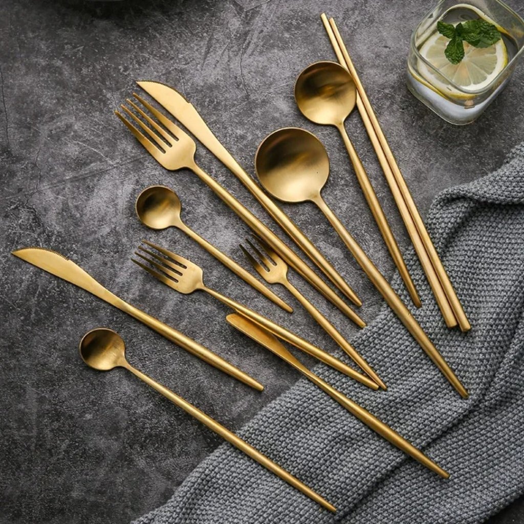 Minimalist Matte Gold Flatware Set - GOLD - Lemeya