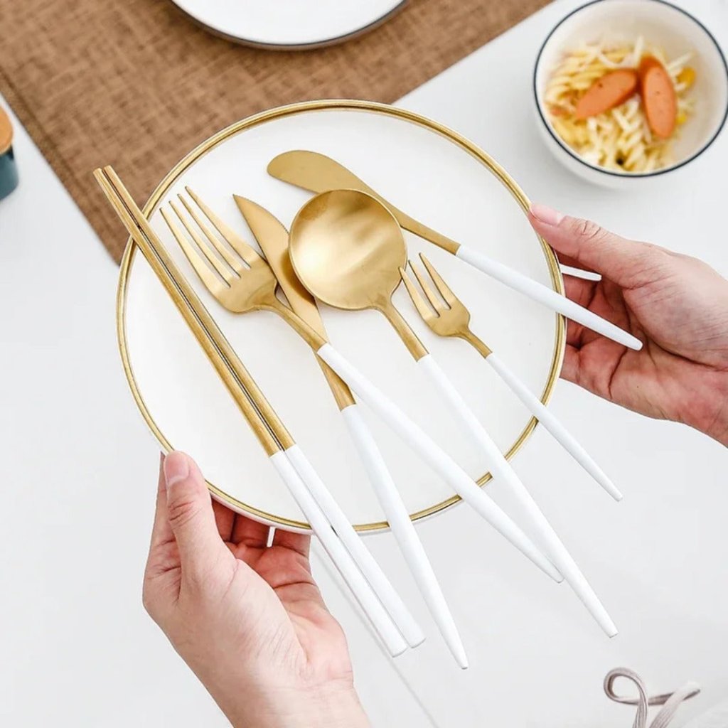 Minimalist Matte White Gold Flatware Set - WHITE GOLD - Lemeya